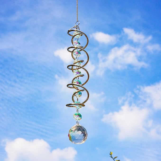 H&D HYALINE & DORA 17.7in Crystal Sun Catcher,Colorful Hanging Suncatcher with Octagonal Beads and Chain,Gazing Ball Spiral Tail,Rainbow Crystals for Indoor Outdoor Garden Decoration