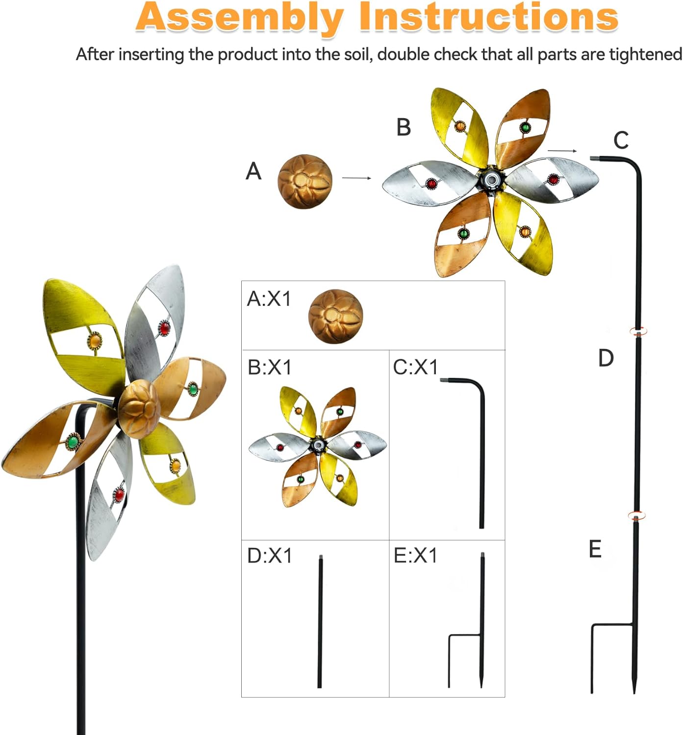 Wind Spinners Outdoor Metal, 10.63" W*37" H Pinwheels for Yard and Garden Decor, Kinetic Wind Sculpture Spinner (Gold Ornate Crystal Bead)
