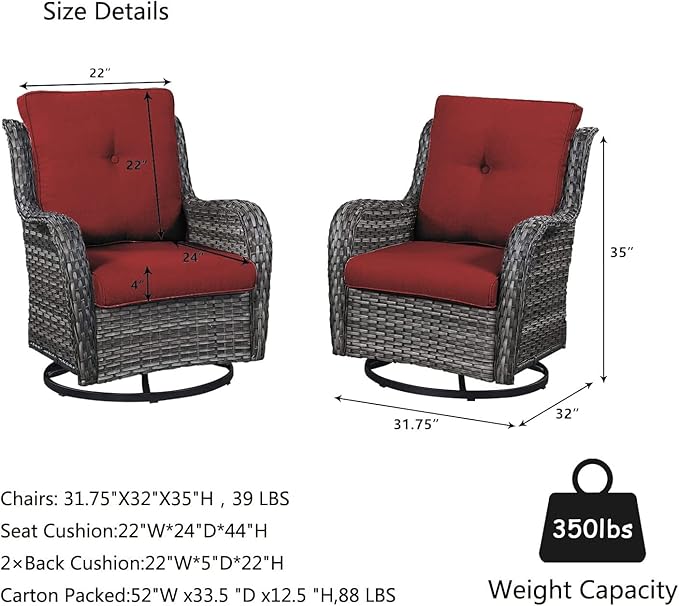 HUMMUH Outdoor Swivel Rocker Wicker Patio Chairs Set of 2, Rattan Rocking Chair Furniture Set(Grey,Red)