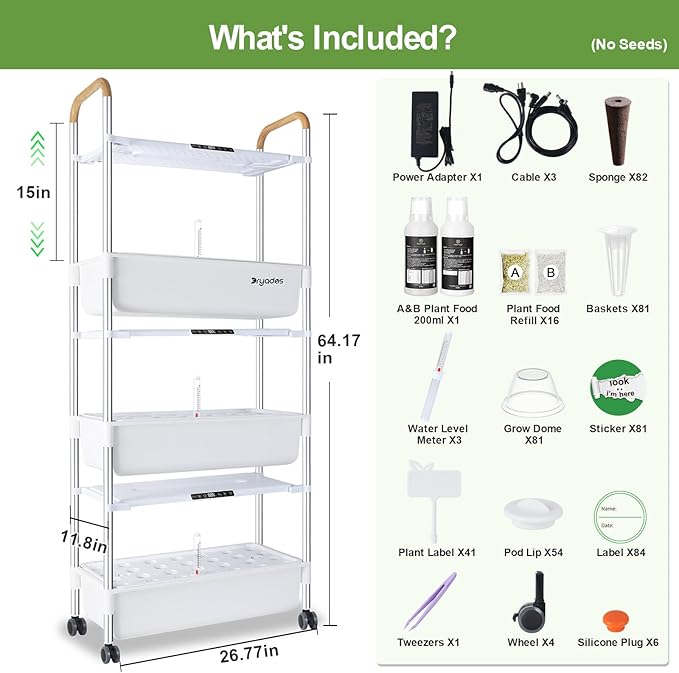 Indoor Garden Hydroponic Growing System with 81 Pods Herbs Garden Kit with 30W Led Grow Light Large Movable 3-Layer Floor-Standing hydroponic Gardening System Planter Grower for Vegetable Fruit