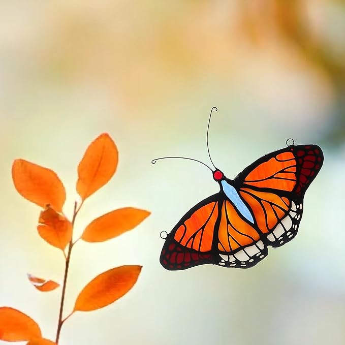 Stained Glass Window Hangings Butterfly Tiffany Style Butterfly Suncatcher for Window Hanging Suncatchers Handcrafted Ornament (Yellow)