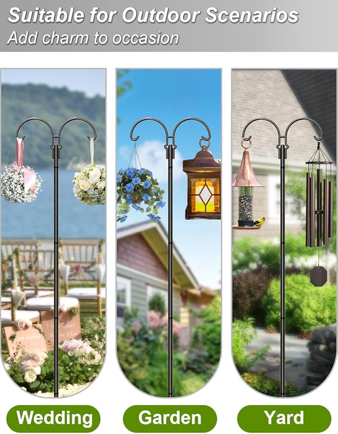 Outdoor Double Shepherds Hook with 5 Prong Base, 60 Inch Adjustable Heavy Duty Two Sided Bird Feeder Pole Stand for Hanging Plant Baskets, Solar Light Lanterns, Hummingbird Feeder, 2 Pack