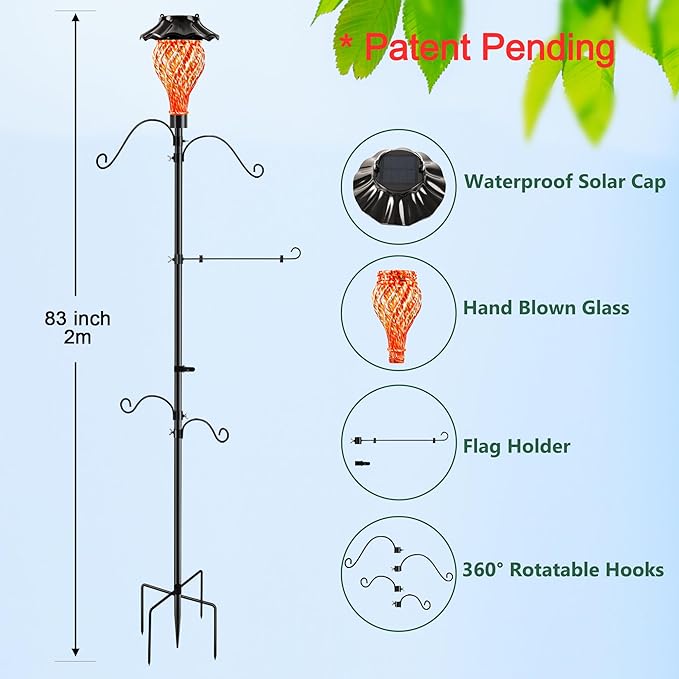 Solar Shepherds Hooks with Hand Blown Glass Lamp, Decorative RGB Lights, 4 Hooks & 1 Flag Holder, Heavy Duty Stand for Hanging Hummingbird Feeder, Bird Feeder, Plant, Garden Path Light (Red)