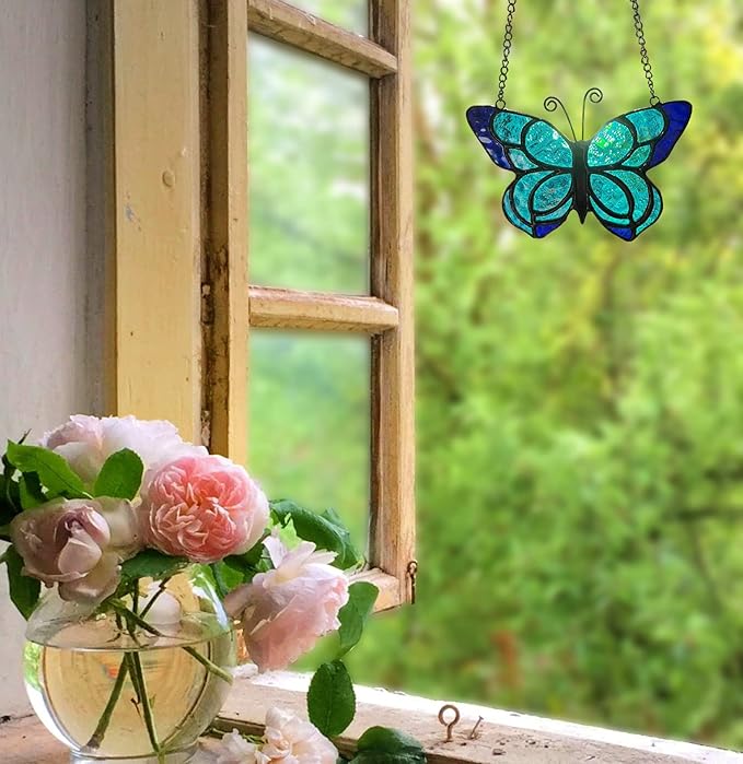 Blue Butterfly Suncatcher Stained Glass Window Hanging Panel Christmas Decor,Glass Butterfly Gift for Mom, Women 5.9×5.3Inch