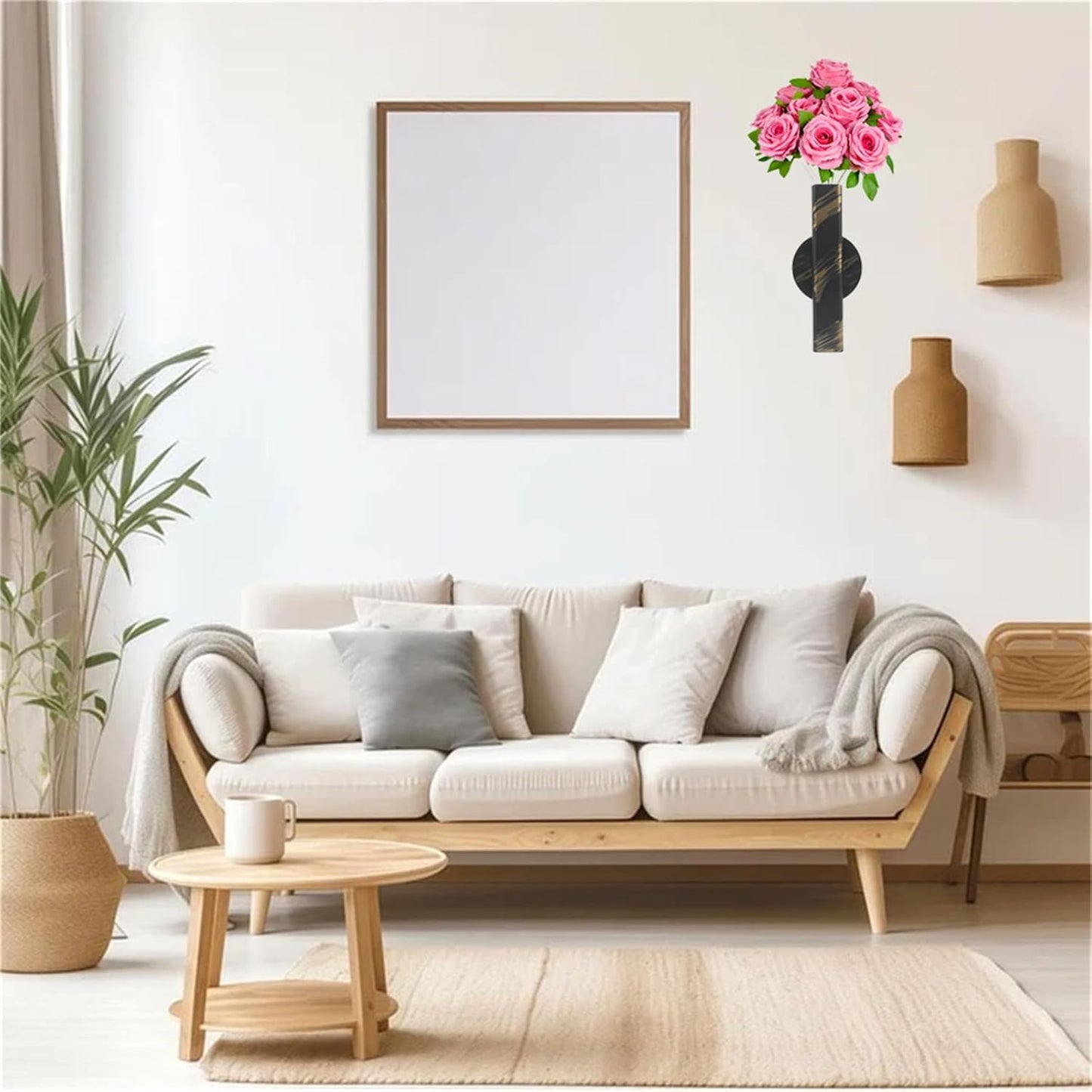 Self Adhesive Wall Vase Metal Tube Decoration Holder Used to Display Dried Flower, Faux Flowers, Fake Flowers, Also Suitable for Cemetery Memorial Decoration (2 Pcs Black and Gold Stripe)