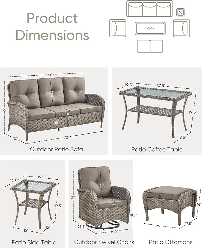 HUMMUH 7 Pieces Outdoor Furniture Set-All Weather Wicker Rattan Couch with Outdoor Rocking Chair Patio Furniture for Deck Lawn Porch Balcony Poolside-Grey/Grey