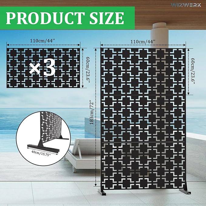 6FT Outdoor Metal Privacy Screen โ Decorative Privacy Fence and Room/Garden Divider, Weather-Resistant Freestanding Panel with Stand, Durable Steel for Patio, Garden, Balcony, or Backyard