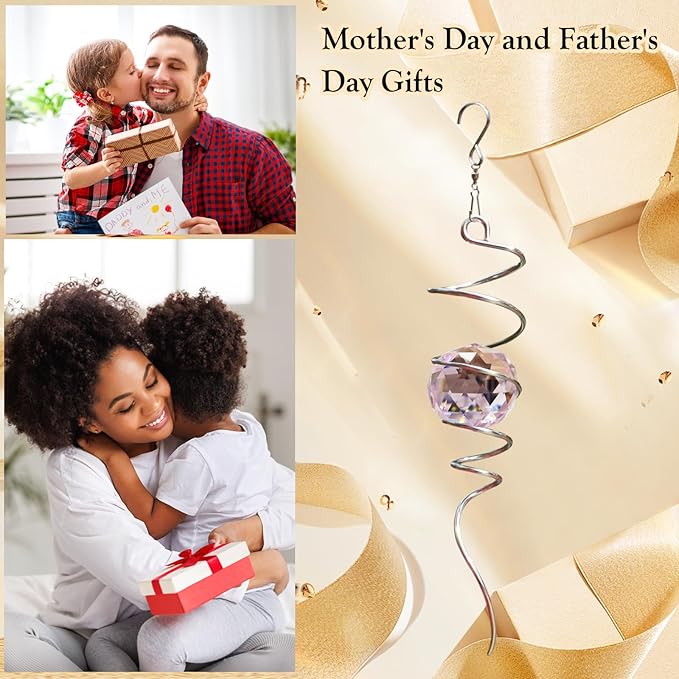 Gazing Ball Spiral Tail, Spiral Wind Spinners with Pink Crystal Orb with Swivel Hook, Suncatcher Rainbow Maker Hanging Garden Ornament Outdoor Decoration Indoor Outdoor Decor 13 inch Height