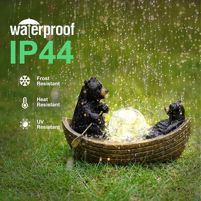 Solar Bears Boating Statues with Cracked Glass LED Lights – Funny Resin Bear Decor Garden Decorations for Patio,Balcony,Yard,Birthday Gifts for Women Mom