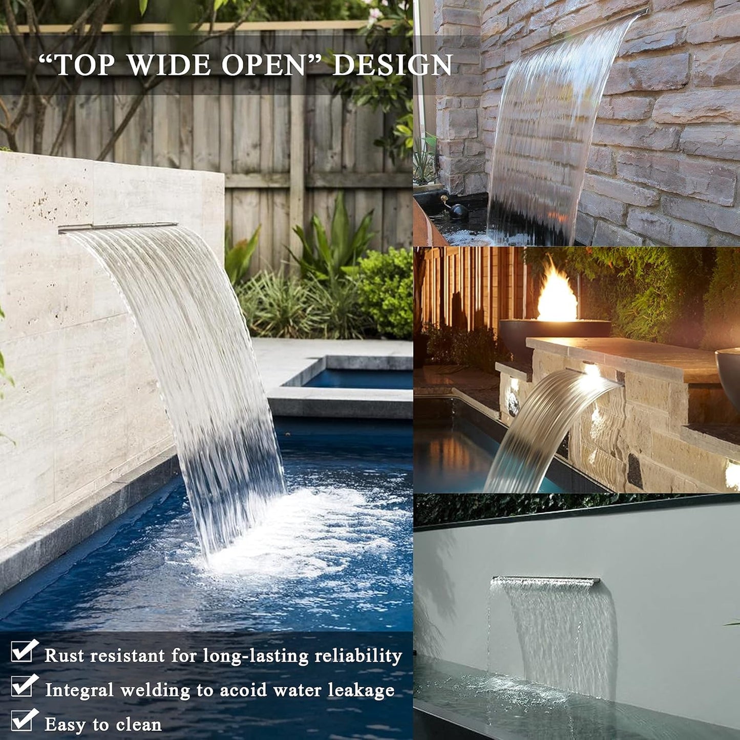 24" Water Pool Fountain 304 Stainless Steel Lighted Pool Waterfall Spillway with Wider Water Flow Platform, Multi-Color LED Strip Light with Remote Control for Indoor, Garden, Outdoor Decoration