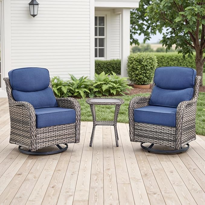 Rilyson Outdoor Patio Swivel Rocker Chairs Set of 2, Waterproof Wicker, High Back, Deep Seating, Wide Armrest, Upgraded 6 inch Thick Cushions, Side Table, Ideal for Deck Porch Yard, Mixed Grey-Blue