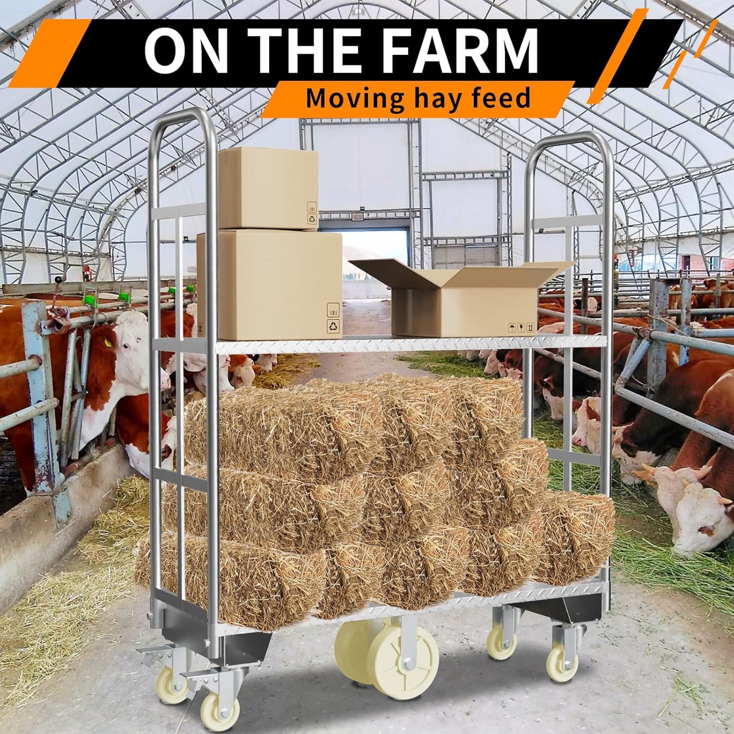 Two Tier U-Boat Platform Truck Cart, 16 x 48Inch Narrow Aisle Flatbed Truck w/6PCS Wheel Caster 2500LBS Weight Capacity Heavy Duty Platform Dolly with Removable Handles for Warehouse, Storage Room