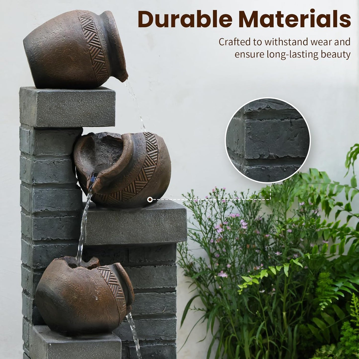 Water Fountain Outdoor 4-Tiers Cascading Realistic Bowls Waterfall Clay Pot Design Outdoor Fountain Resin Imitation Wood with LED Lights for Garden, Patio, Porch 42" H