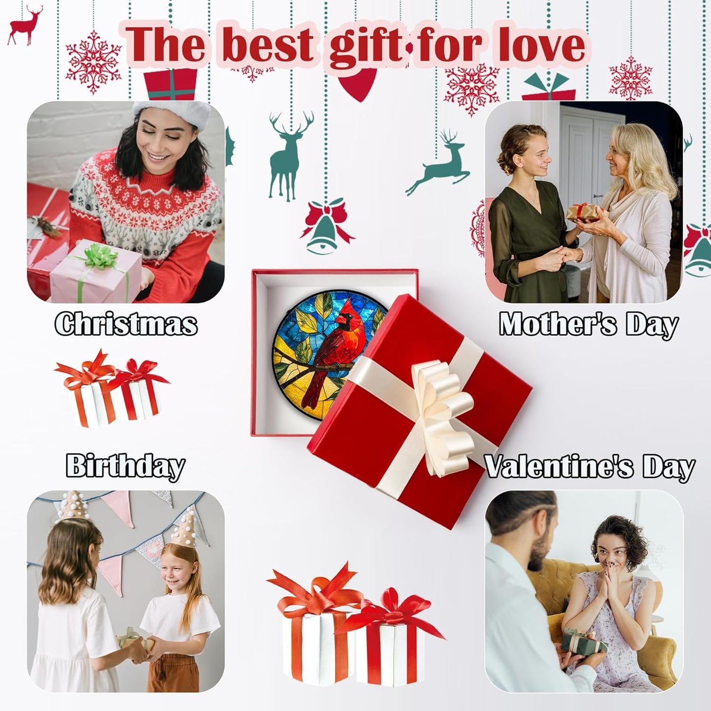 Stained Glass Window Hanging, Blue Sky Cardinal Sun Catchers Colorful Glass Panel Red Birds Suncatcher Decor for Birthday for Women, Men, Wife, Aunt, and Mom 9.8 in