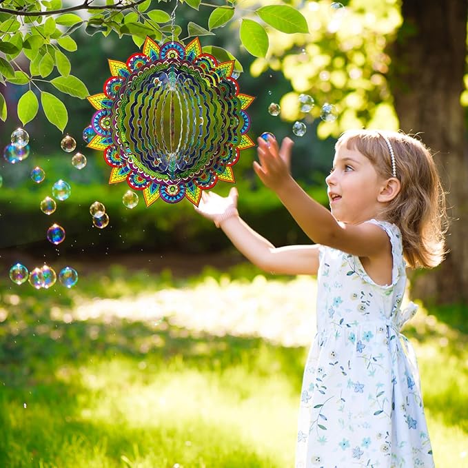 Mandala Wind Spinners, 3D Metal Wind Spinners Outdoor for Yard and Garden,12inch Stainless Steel Hanging Wind Spinners, Kinetic Yard Art Garden Decor Ornament Gifts