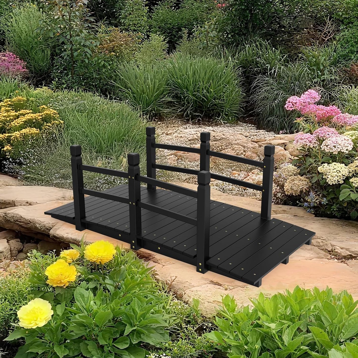 VINGLI Garden Bridge, Classic Wooden Arch with Safety Rails Footbridge (Black, 5 ft)