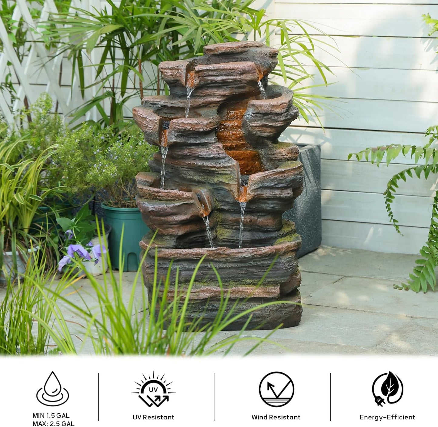 24.2" H 6-Tier Outdoor Water Fountain, Features Rock Garden Waterfall Fountains with Warm Lights, Floor-Standing for Patio, Backyard, Deck, Porch, Home Décor, Brown