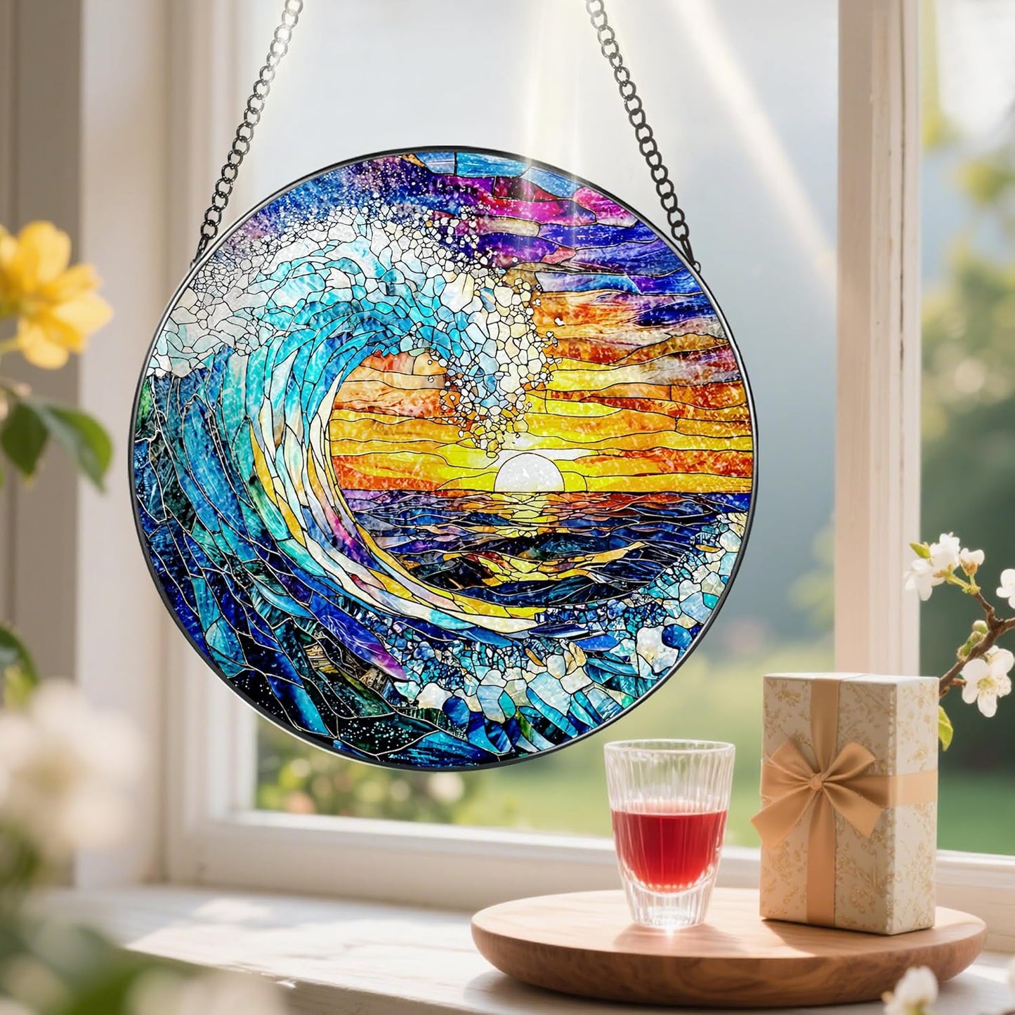 Stained Glass Window Hanging, Pauyadu 8 Inch Sea Waves Stained Glass Suncatcher, Sunset on The Beach Window Decor, Gift for Beach Lovers, Natural Gifts, Christmas, Mother's Day, Housewarming Gifts