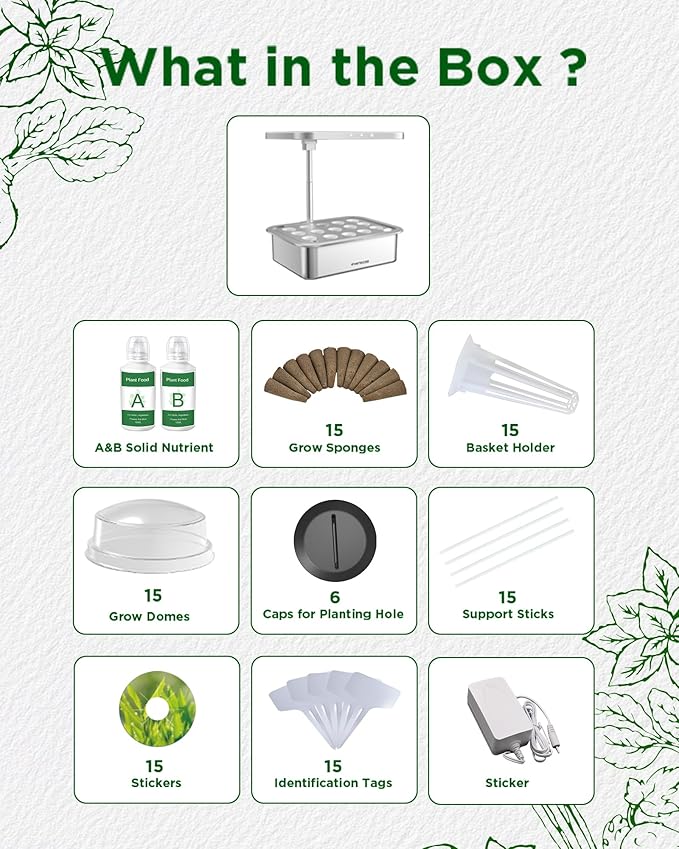 Stainless Steel Hydroponics Growing System Kits, Controlled Smart Indoor Garden with LED Grow Light Full Spectrum, 15 Pods Plant Germination Kit, with Quiet Pump,for Vegetables Herbs,Gardening Gifts