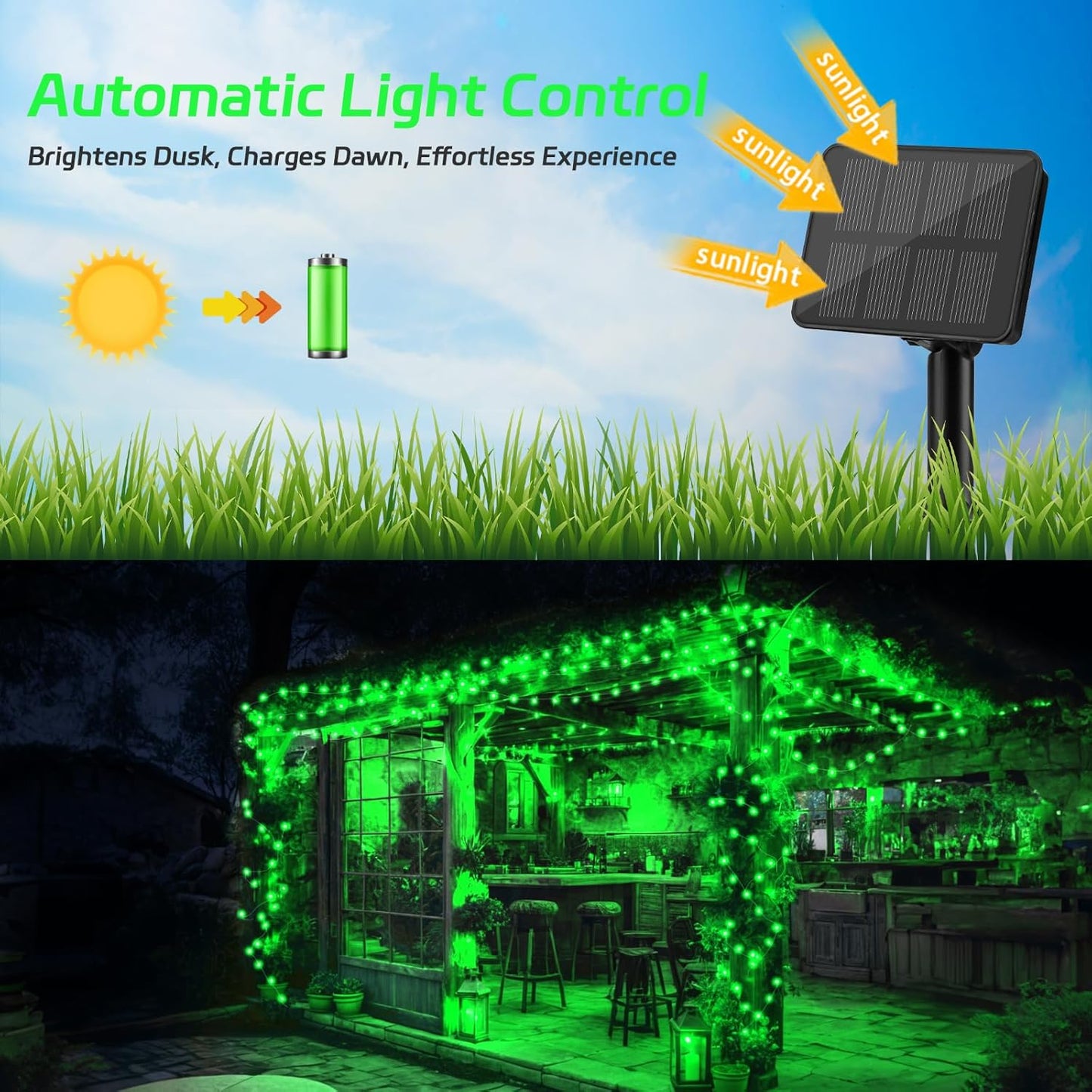 Solar Fairy Lights Green Outdoor Waterproof,16.4ft 50LED Solar String Lights Green for Outside 8 Modes 2 Packs for Patio Backyard Garden Deorations Green