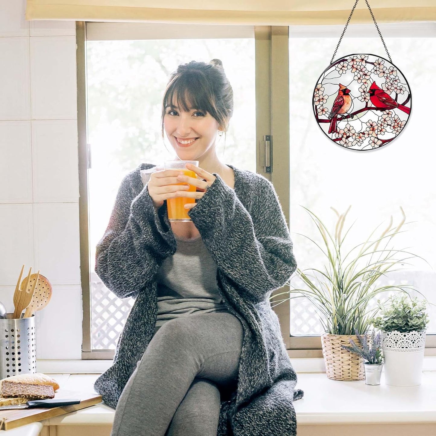 Cardinal Sun Catcher RVEAFA Stained Glass Window Hanging Cardinal Decor Gifts for Women Handmade Sun Catcher Decoration for Garden Home Housewarming Gifts Mother Day