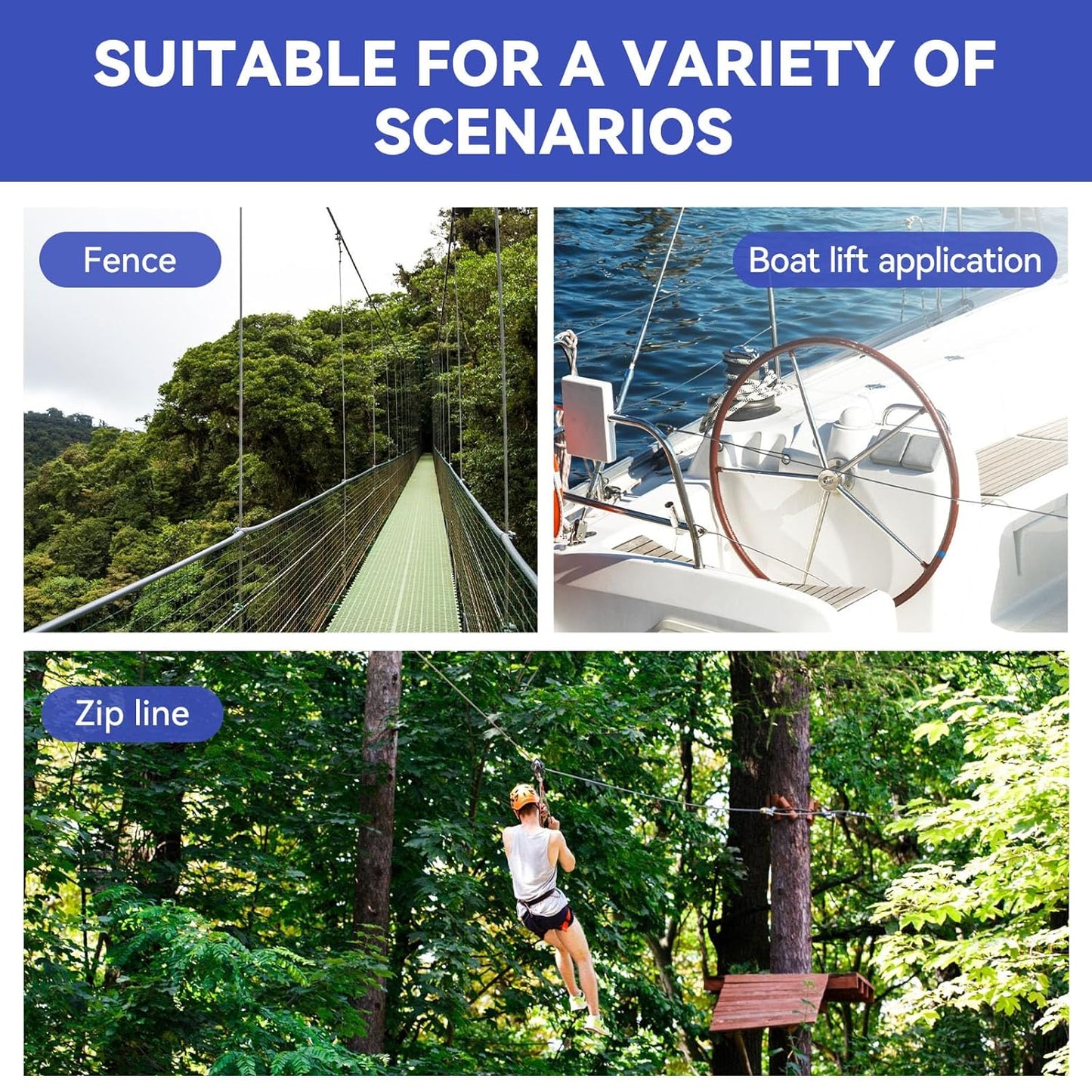 1/4" Stainless Steel Cable,7x19 Strand Aircraft Wire Rope,Cable for Heavy Duty Applications,Zip Iine and Outdoor Pulley Cables,Deck Railing, with Gloves,Breaking Strength 6400 Ibs,300FT