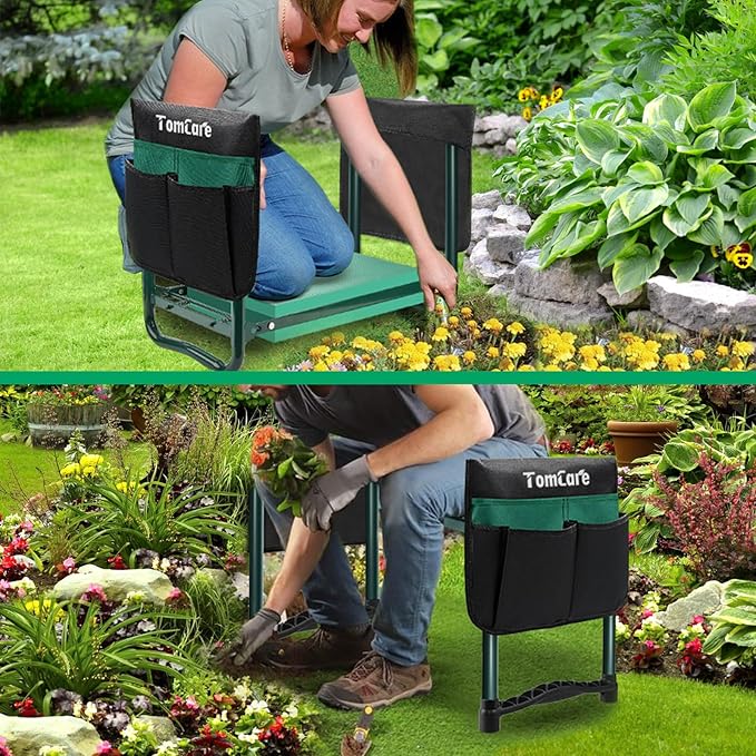 TomCare Garden Kneeler and Seat 10.64” Wider Larger Soft Kneeling Pad Garden Bench with 2 Large Tool Pouches Heavy Duty Garden Stool Foldable Tools Gardening Gifts for Women Men Gardeners