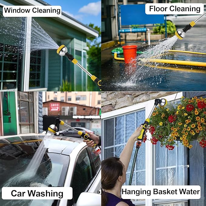 17.5" Gardening Watering Wand | 8 Spray Patterns & Thumb-Controlled Switch | 180° Rotating Long Nozzle| for Plants, Hanging Baskets and Shrubs, Pet Bathing, Wall Washing-Yellow