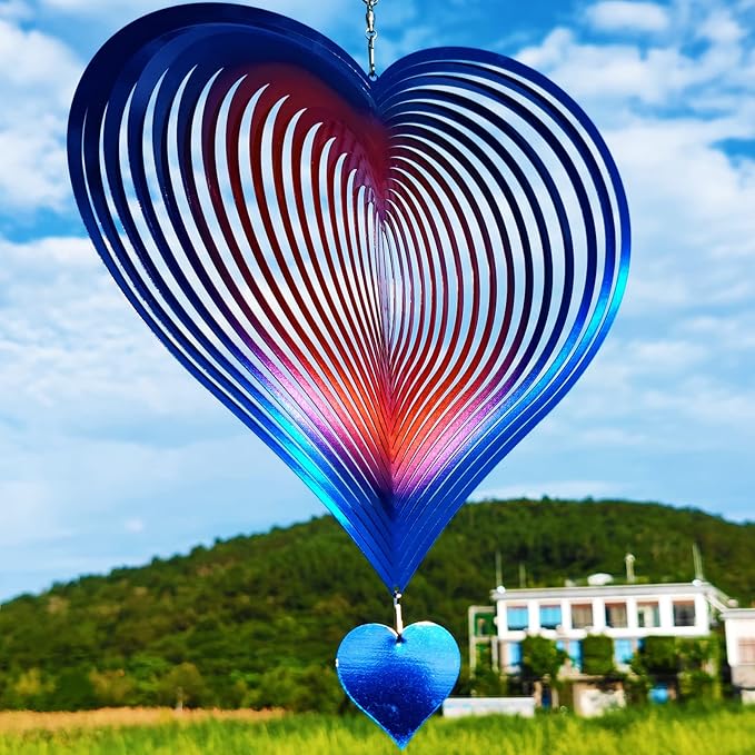 DJUAN Wind Spinners Outdoor Garden Decor 12inch Blue-Orange Love Heart Hanging Wind Spinner Metal Yard Art Decorations Kinetic Wind Sculptures & Spinners Birthday Gifts for Women, Mom, Grandma