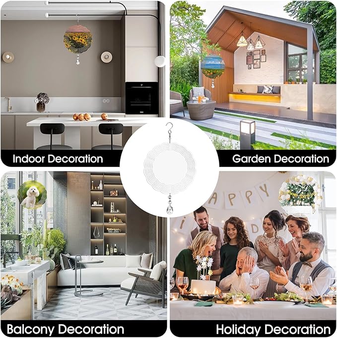 Sublimation Wind Spinner Blanks 8 Inch 4 Pack Wind Spinners Sublimation Blanks with Crystal Pendant Aluminum Metal Wind Spinners for Yard Garden Indoor Outdoor Window Porch Decoration(Round