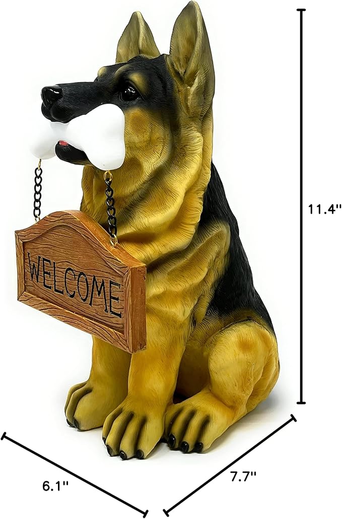Nature's Mark German Sheperd Dog Puppy Statue with Reversible Welcome Sign and Go Away Sign Resin Garden Decor 12" H