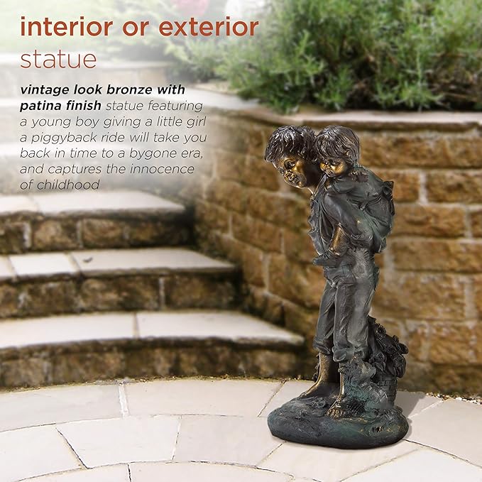 Alpine Corporation 16" Tall Indoor/Outdoor Patina Finish Piggyback Kids Yard Statue Decoration