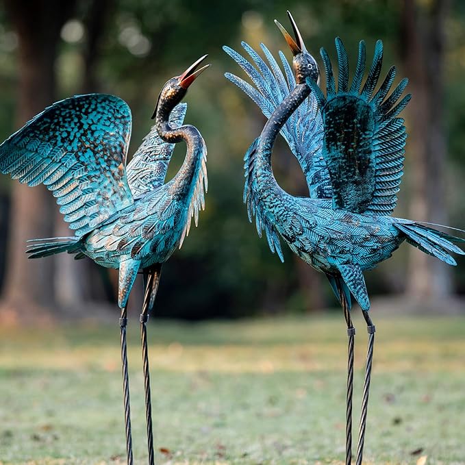 Natelf Garden Crane Sculptures & Statues, Blue Heron Decor Outdoor Large Bird Yard Art, Standing Metal Herons Lawn Ornaments for Home Patio Porch Backyard Decorations(Set of 2)