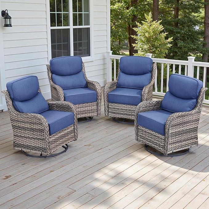 Rilyson 4 Piece Outdoor Patio Swivel Rocker Chairs, Waterproof Wicker, High Back, Deep Seating, Wide Armrest, Upgraded 6 inch Thick Cushions, Ideal for Deck Porch Backyard, Mixed Grey/Blue