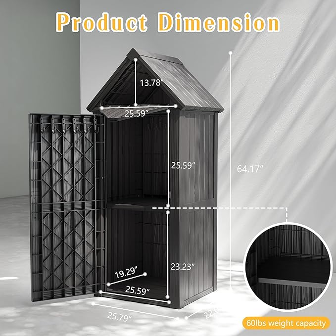 Storage Shed Outdoor,Waterproof Resin Garden Tool Shed, Heavy-Duty Weather-Resistant Cabinet for Patio, Backyard, or Garage (Deep Black)