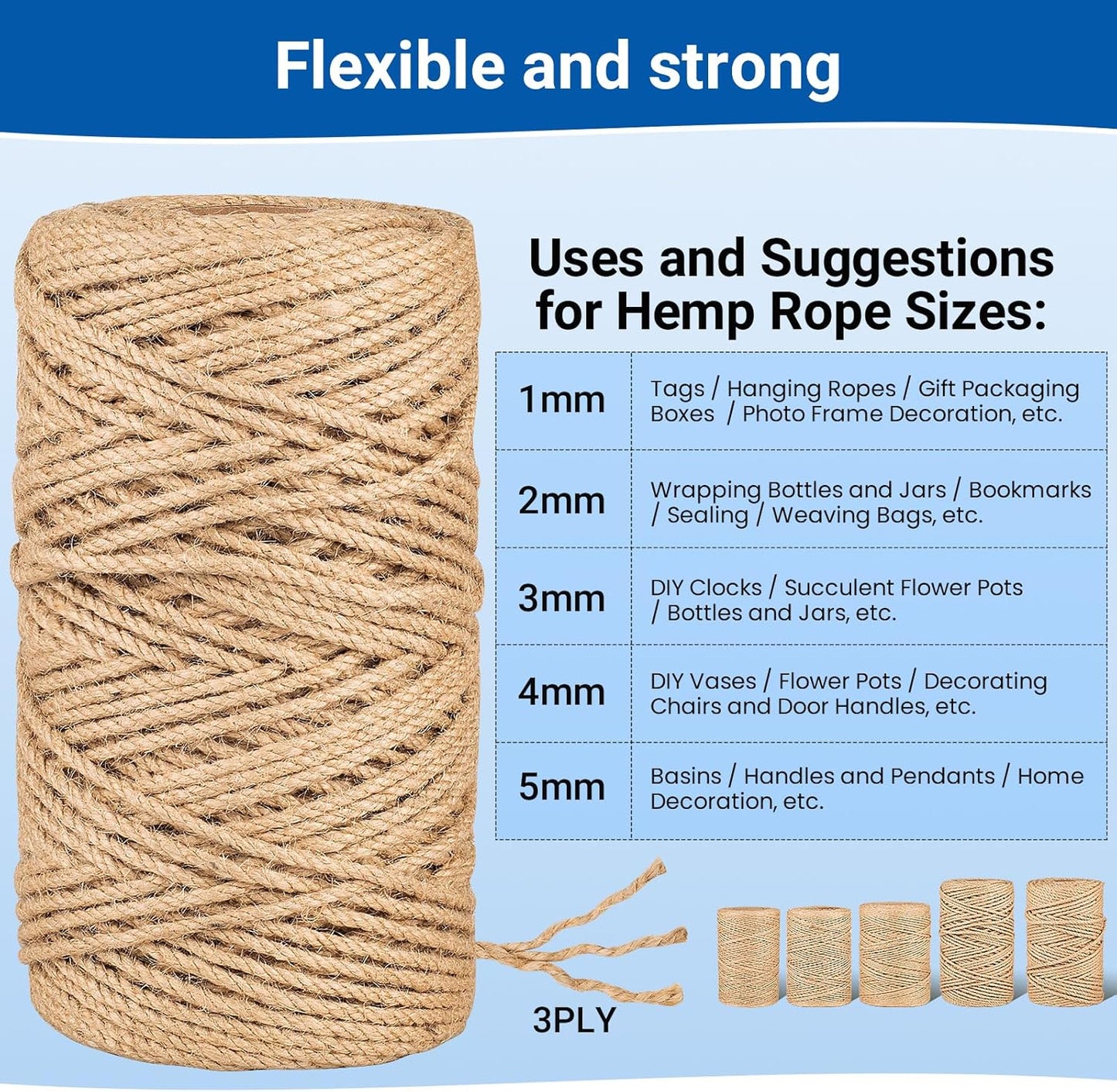 Natural Jute Twine String,Bulk Jute Rope Cord Twine for Crafting Gardening,Roll of Thick and Thin Twine for Gift Wrapping,Brown Decorative Rope,Ornament Twine for Cat Scratch Post (3mm x 656ft)