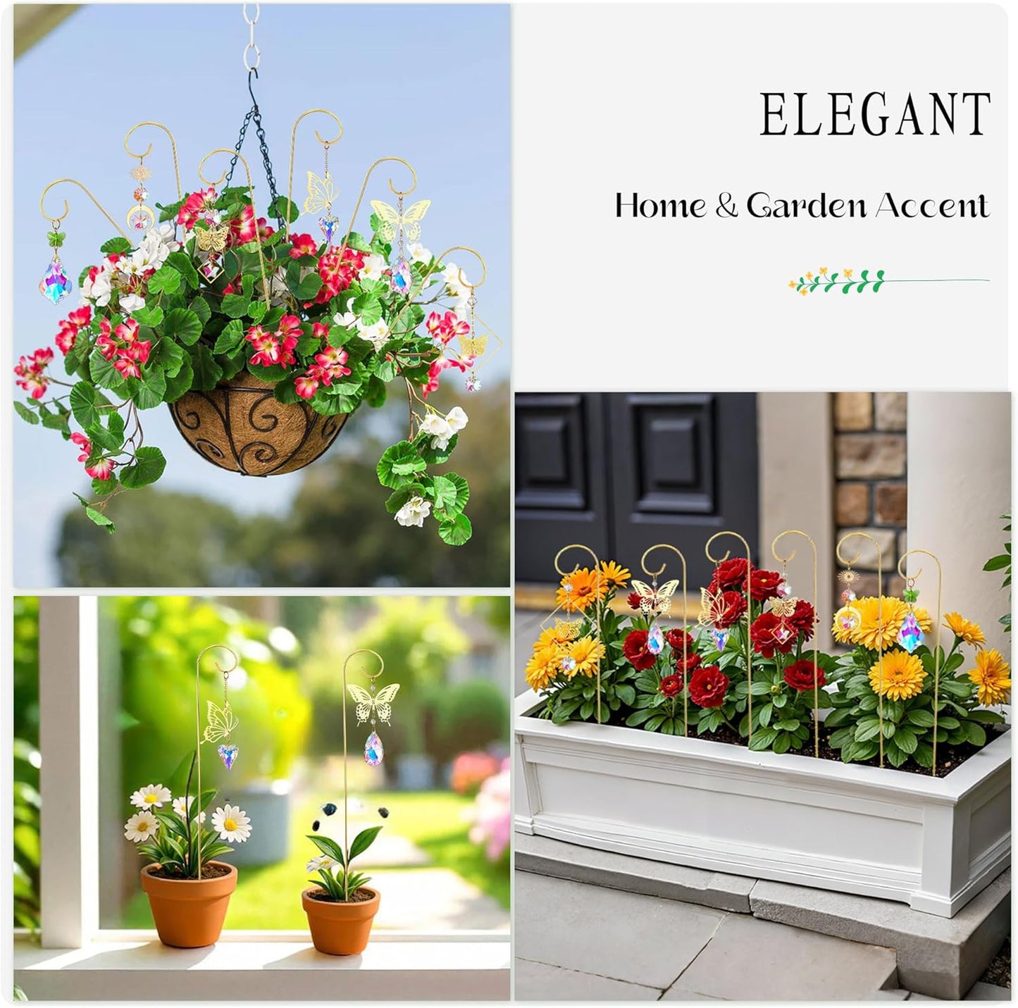 HDCRYSTALGIFTS 6pcs Crystal Butterfly Suncatchers with 13'' Gold Trellis for Mini Potted Plants Decorations, Garden Indoor Plant Accessories Fairy Garden Sun Catchers, Plant Lover Gift