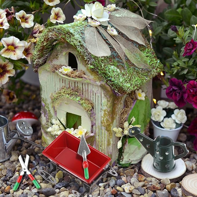 Miniature Fairy Garden Accessories Set 9 Pcs 1:12 Mini Metal Spade Pestle Kettle Wagon Rake Garden Watering Supplies Micro Landscape Ornaments Dollhouse Accessories