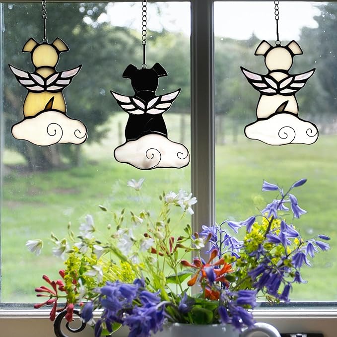 Stained Glass Angel Wings Dog Memorial Gifts for Loss of Dog Sympathy Gift Suncatcher, Rainbow Bridge Pet Passing Away Remembrance in Memory, Dog Bereavement Gifts for Loss of Pet, Black
