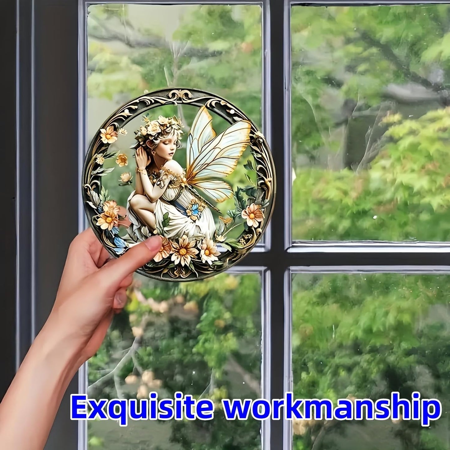 Flower Fairy Garden Decorations Angel Wing Christmas Halloween Deco Statue Art Elf Sculpture Hanging Craft for Outdoor Yard Courtyard Lawn Patio Window Acrylic Ornament Home Gift (A,S: 6*6 IN)