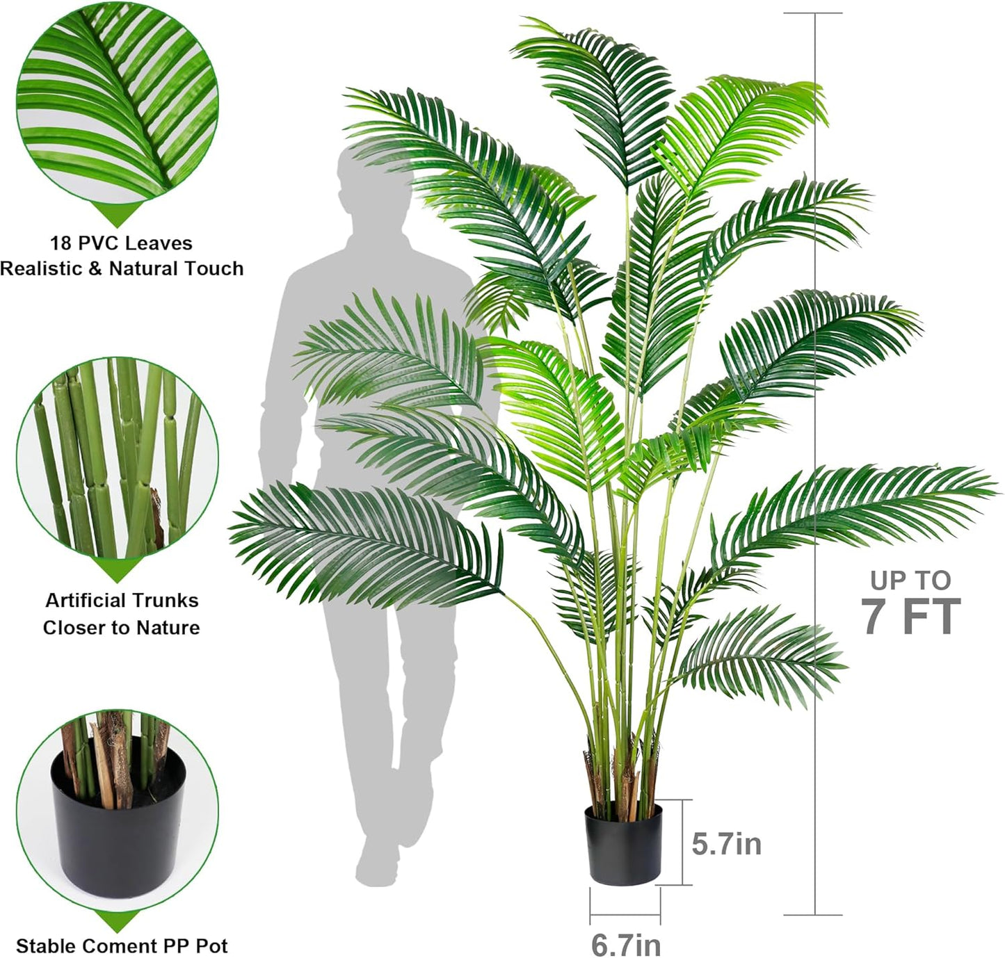 KOL 7ft 2-Pack Artificial Areca Palm Plant in Pot, Fake Tropical Cane Palm Silk Tree Indoor Outdoor, Dypsis Lutescens Plants, 82.7in Lifelike Faux Silk Plant Home Garden Decoration, Housewarming Gift