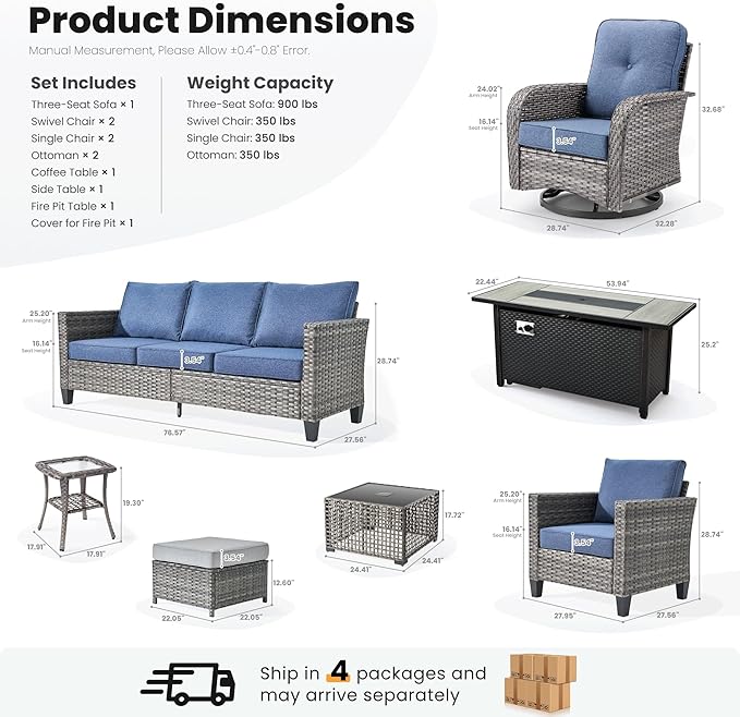 ovios 10 Pieces Patio Furniture Set, Outdoor Wicker Sofa Couch with Rocking Swivel Chairs Solar Lights Table Fire Pit, Modern Deep Seat Rattan Conversation Sets, Denim Blue