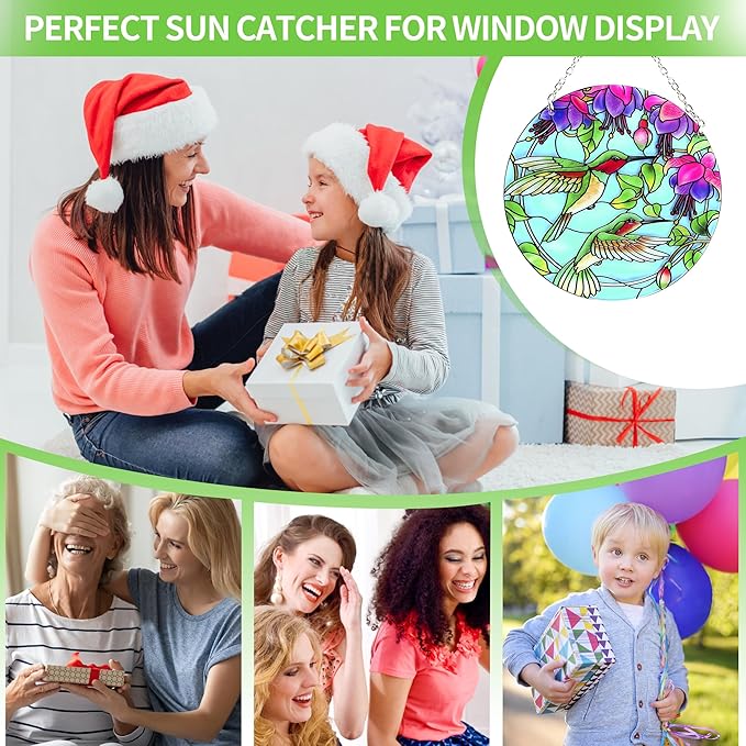 Hummingbird Suncatcher Stained Glass - Hummingbird Gifts for Women, Birds Suncatchers for Windows - Birds Window Hangings with Chain and Hook, 6 inch Stained Glass Suncatcher for Mom