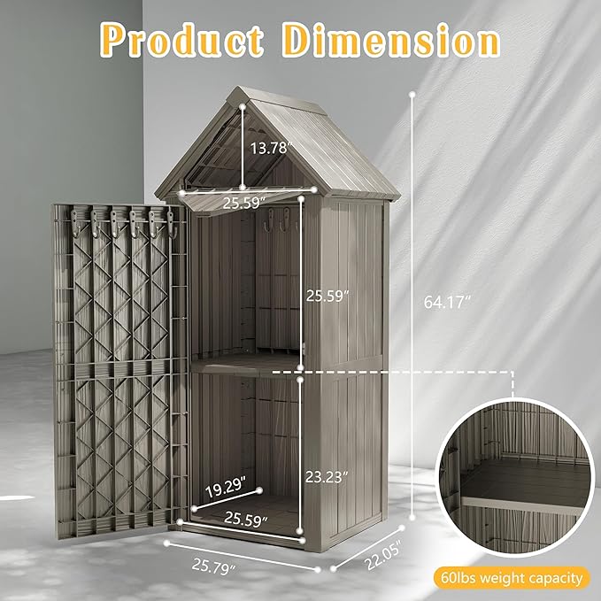 Storage Shed Outdoor,Waterproof Resin Garden Tool Shed, Heavy-Duty Weather-Resistant Cabinet for Patio, Backyard, or Garage (Grey)