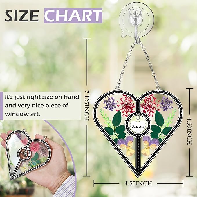 KY&BOSAM Heart Suncatcher Sister Stained Glass for windsows Hanging Wind Chimes with Pressed Real Flower Heart in Glass with Metal Trim Heart Charm Birthday Gift for Sister Mothers Day Christmas Decor