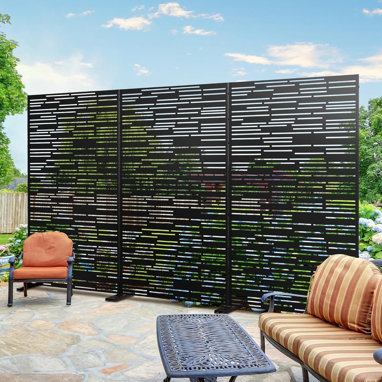 Metal Privacy Screen Outdoor 72" H×47" W,Freestanding Decorative Privacy Screen for Balcony Yard&Garden,Privacy Fence-Black&Shine