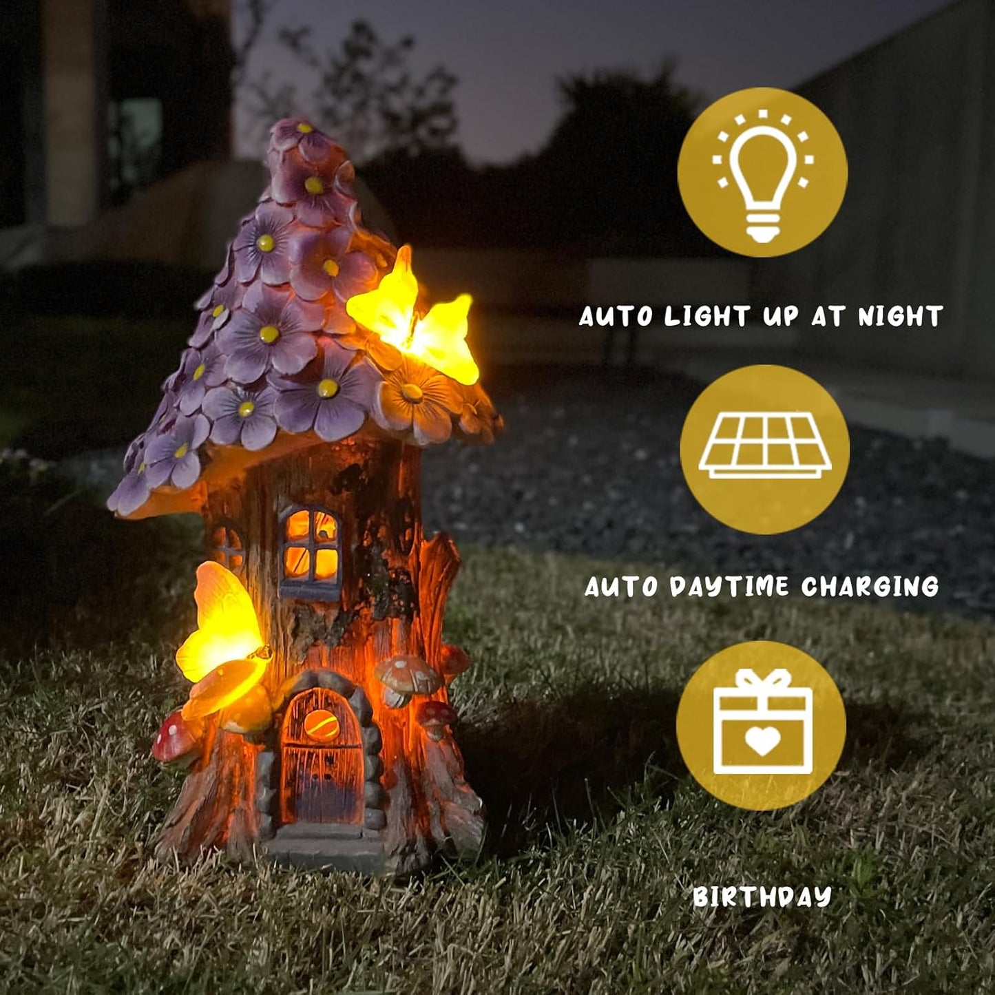 COWOS Mushroom House Statue, Garden Decor Outdoor Solar Statues, Solar Garden Statue Lights, Mushroom Fairy House Figurine, Memorial, Adorable Mushroom and Flowers, Garden Decor