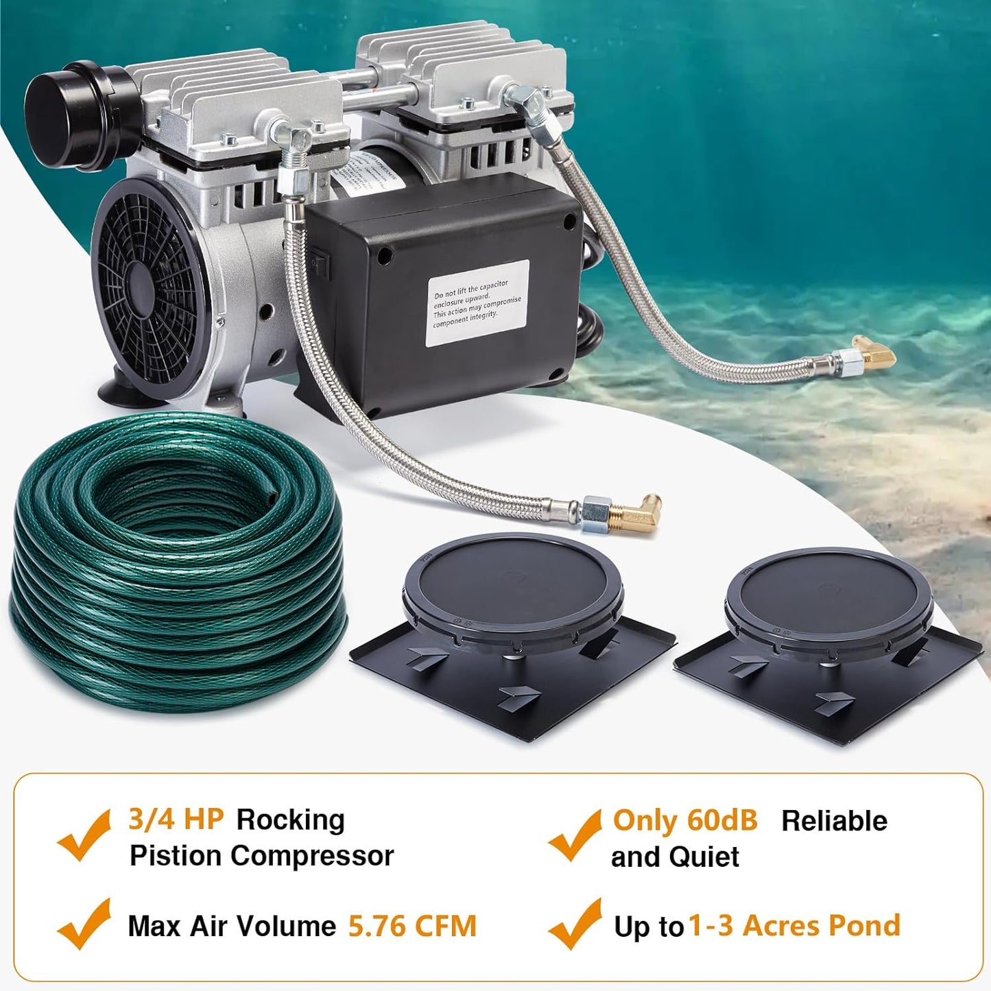 Pond Aerator Kit 3/4 HP Heavy Duty Compressor 5.76CFM Supports Large Lakes up to 3 Acres Outdoor Pond Oxygen Pump 100ft Upgraded Sinking Tubing + 2 Bubble Diffusers
