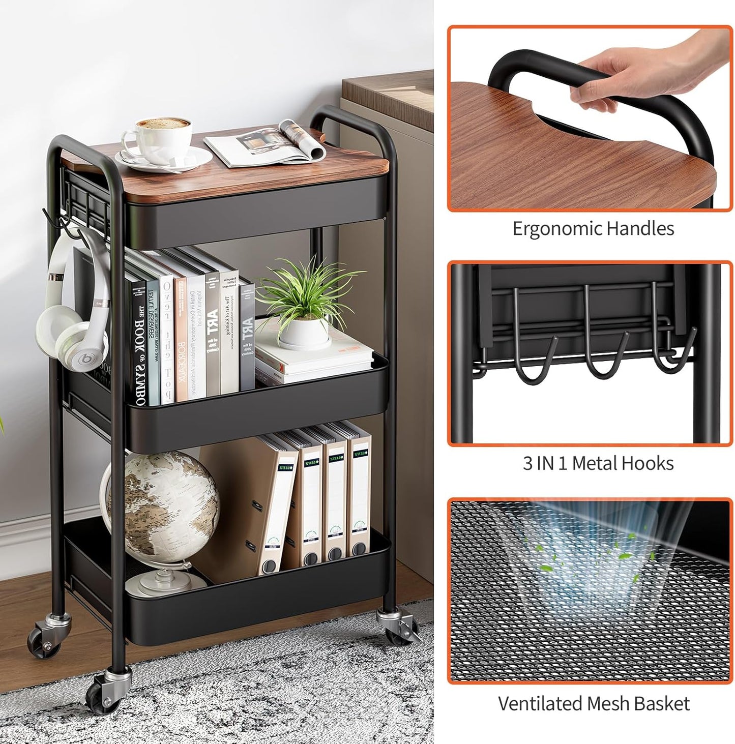 TOOLF 3-Tier Rolling Cart with Table Top, Metal Storage Cart on Wheels, Utility Organizer with Wooden Tray, Lockable Casters, Easy Assembly for Bathroom, Living Room, Office, Kitchen, Black