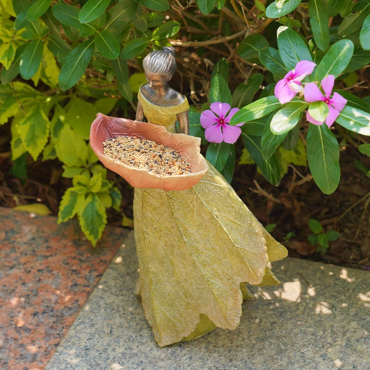 DiliComing Fairy Garden Statue Bird Feeder - 12 Inch Fairy Statue for Home Decoration, Resin Outdoor Statues for Garden Decoration, Best Bird Feeder Gift for Women(Yellow)